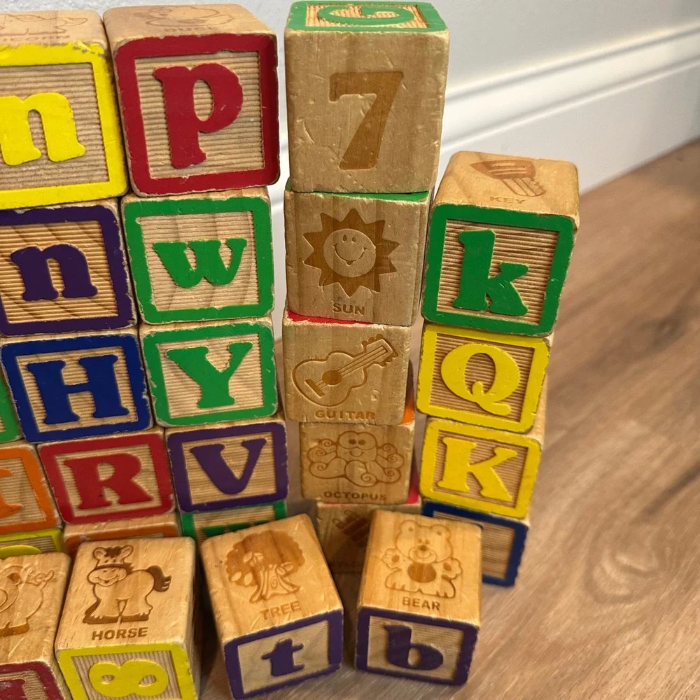 Wooden Alphabet Blocks Kids OS Multicolor Vintage Style Learning Toy STEM ECO